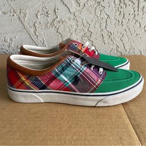 Polo Ralph Lauren Faxon X Canvas Sneakers Green Madras Plaid Leather Sz 10.5 New